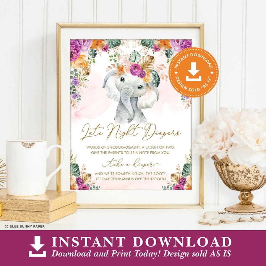 Flower Elephant Late Night Diapers Sign