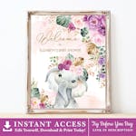 Purple Flowers Elephant Party Welcome Sign thumbnail image