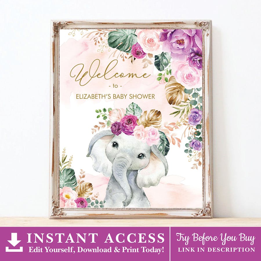 Purple Flowers Elephant Party Welcome Sign