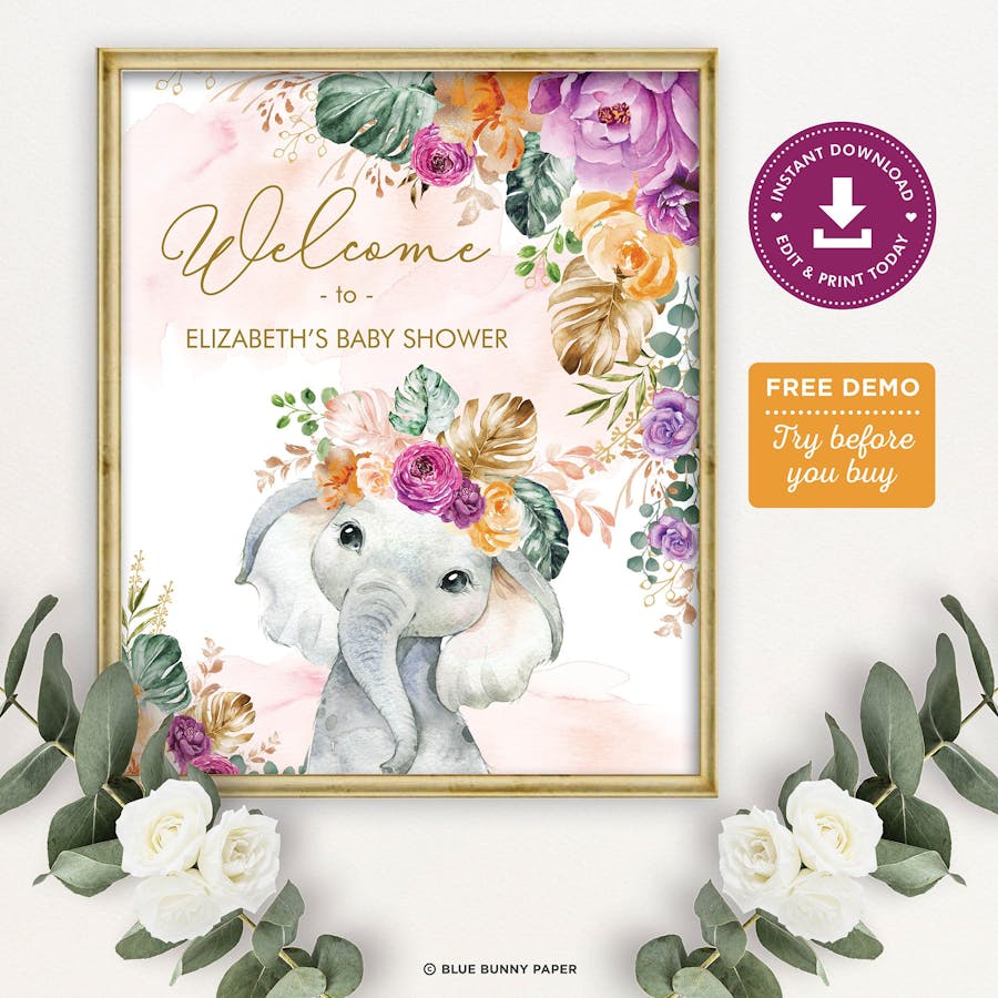 Flowers Elephant Party Welcome Sign